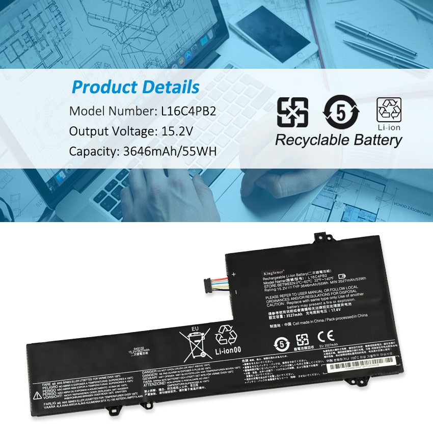 L16C4PB2 Laptop Battery for Lenovo IdeaPad, 15.2V 55Wh, showing the internal unit with black labels