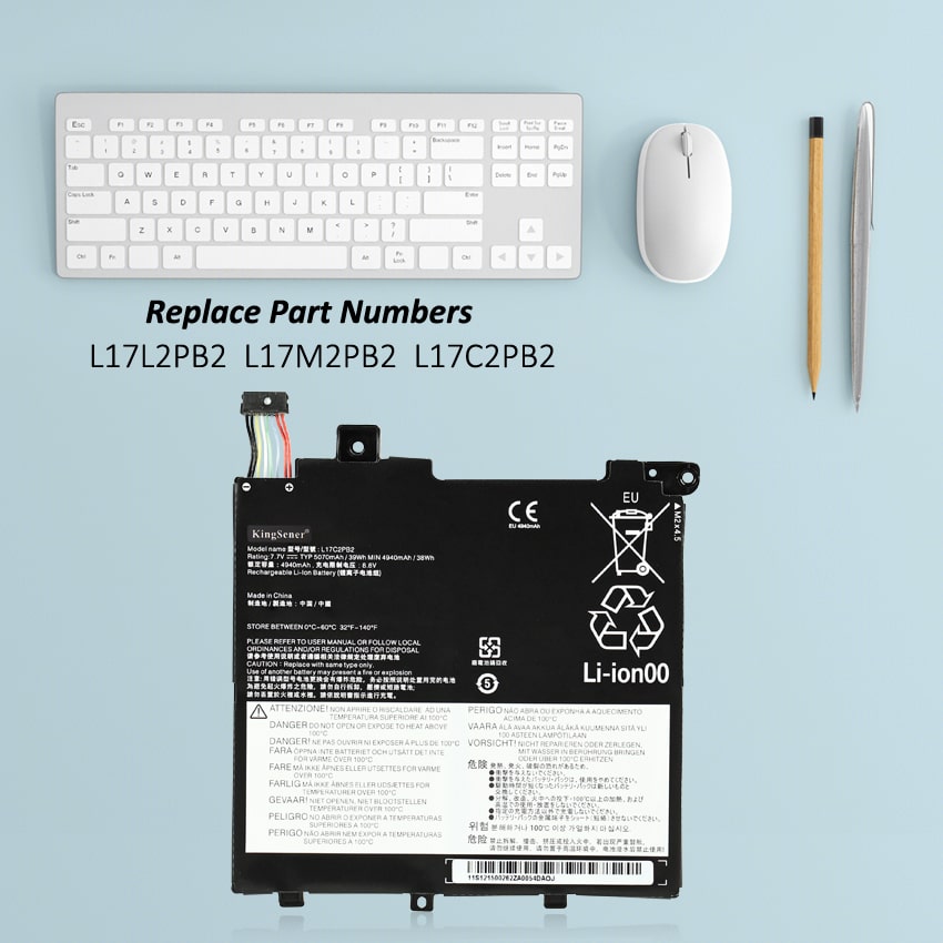 L17C2PB2 Laptop Battery for Lenovo, 7.7V 39Wh 5070mAh, showing internal unit and multi-colored connector wires
