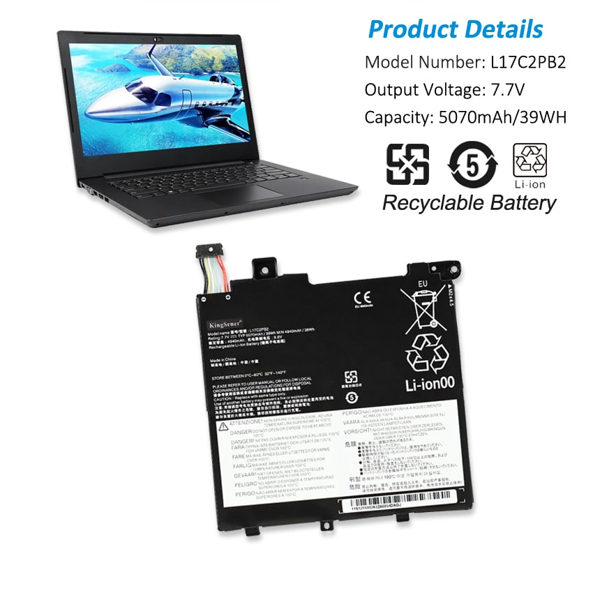 L17C2PB2 Laptop Battery for Lenovo, 7.7V 39Wh 5070mAh, showing internal unit and multi-colored connector wires