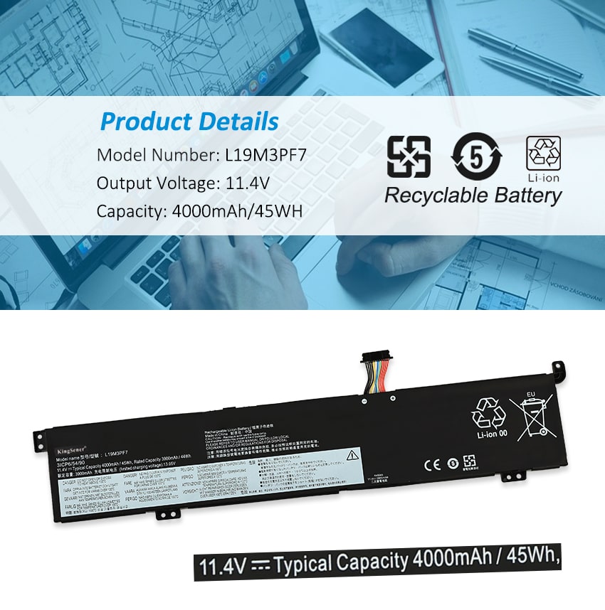 L19M3PF7 Laptop Battery for Lenovo Ideapad, 11.4V 45Wh, showing labels and blue multi-language warning box