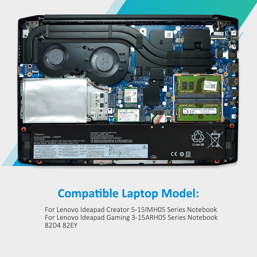 L19M3PF7 Laptop Battery for Lenovo Ideapad, 11.4V 45Wh, showing labels and blue multi-language warning box