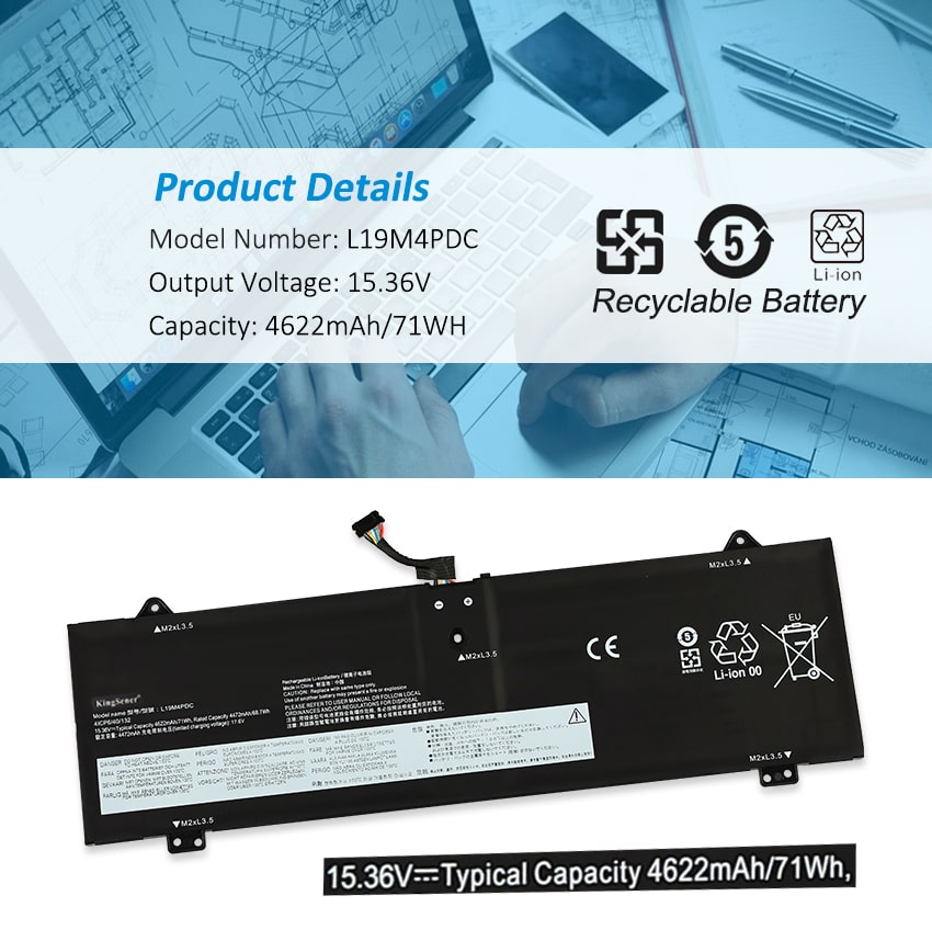 L19L4PDC Laptop Battery for Lenovo Yoga, 15.36V 71Wh, showing black segments and screw hole markings