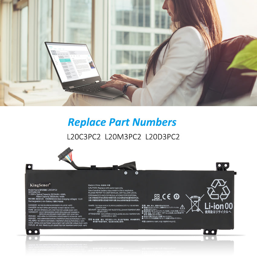 L20M3PC2 Replacement Laptop Battery for Lenovo, 3910mAh, perspective view of the battery casing and mounting tabs.