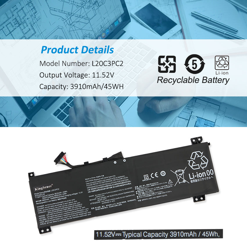 L20M3PC2 Replacement Laptop Battery for Lenovo, 3910mAh, rear view showing the smooth surface and structural design.