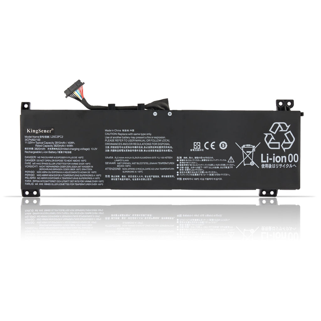 L20M3PC2 Replacement Laptop Battery for Lenovo, 3910mAh, front view of slim black internal battery with connector wires.