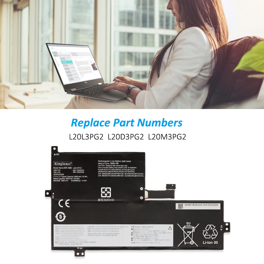 L20L3PG2 Laptop Battery for Lenovo IdeaPad, 42Wh, showing internal unit with labels and connector