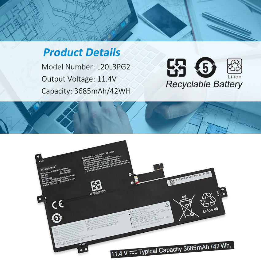 L20L3PG2 Laptop Battery for Lenovo IdeaPad, 42Wh, showing internal unit with labels and connector