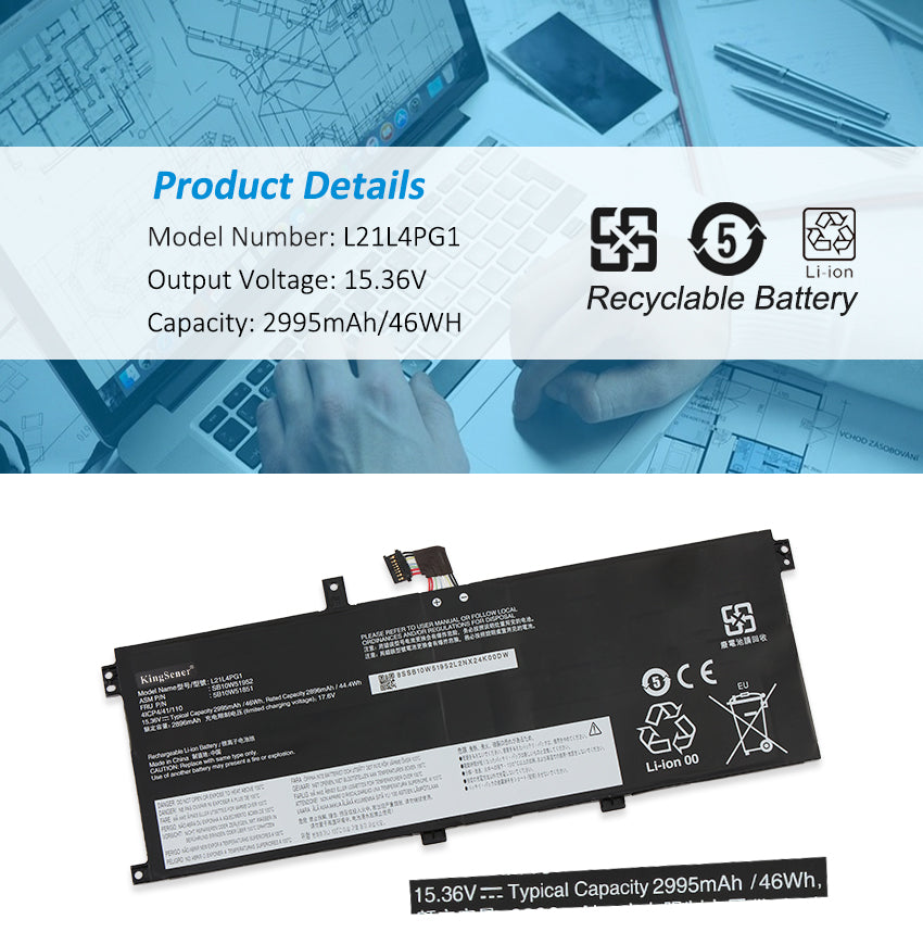 L21L4PG1 Replacement Laptop Battery for Lenovo, 15.36V 2995mAh, rear view showing the smooth surface and structural design.