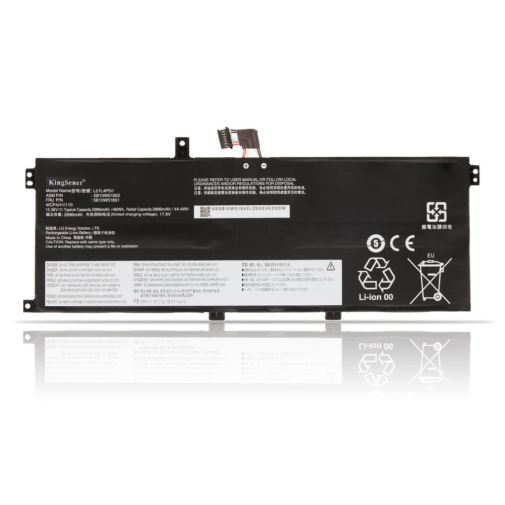 L21L4PG1 Replacement Laptop Battery for Lenovo, 15.36V 2995mAh, front view of slim black internal battery with connector wire