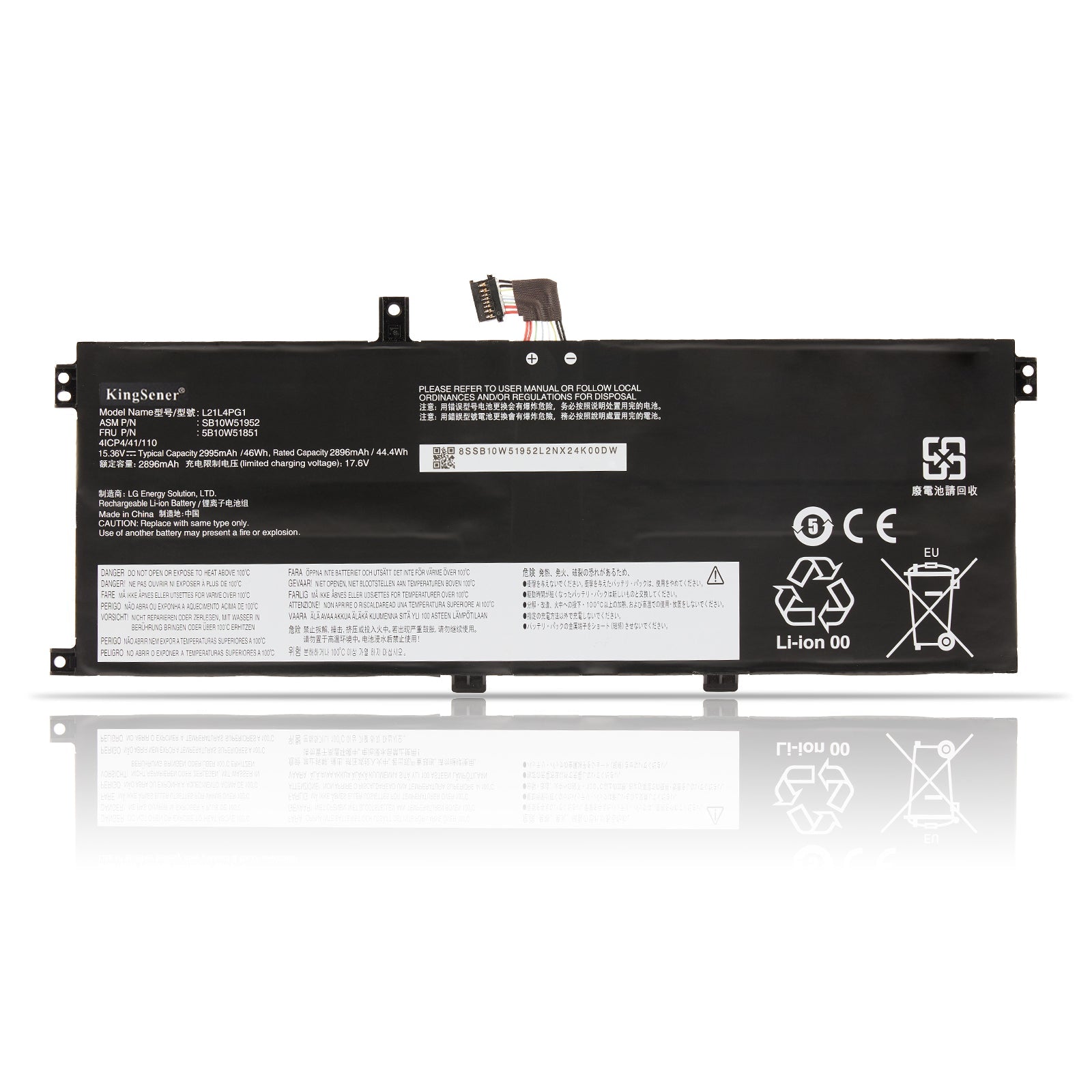L21L4PG1 Replacement Laptop Battery for Lenovo, 15.36V 2995mAh, front view of slim black internal battery with connector wire