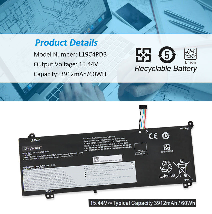 L19C4PDB Laptop Battery for Lenovo ThinkBook, 60Wh 3912mAh, showing internal unit and logos