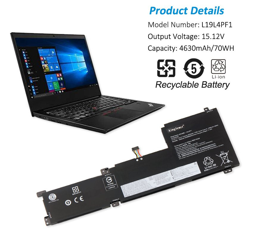 L19C4PF1 Laptop Battery for Lenovo, 15.2V 70Wh, top view on white background with multiple safety logos