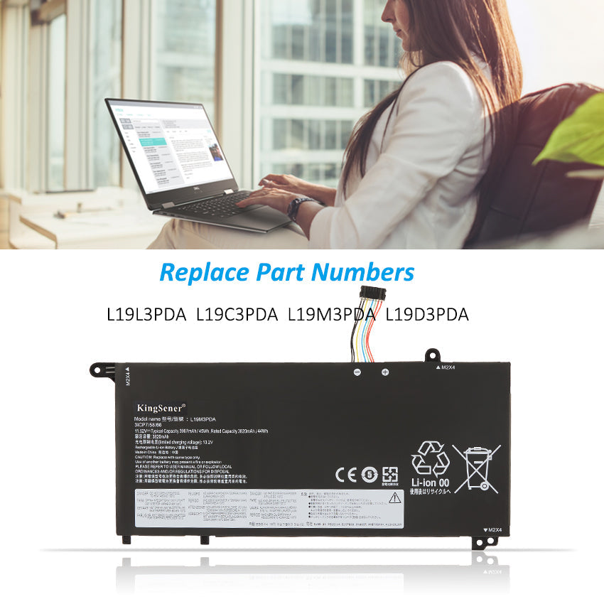 L19L3PDA Replacement Laptop Battery for Lenovo, 3907mAh, angled view of the internal rechargeable battery unit.