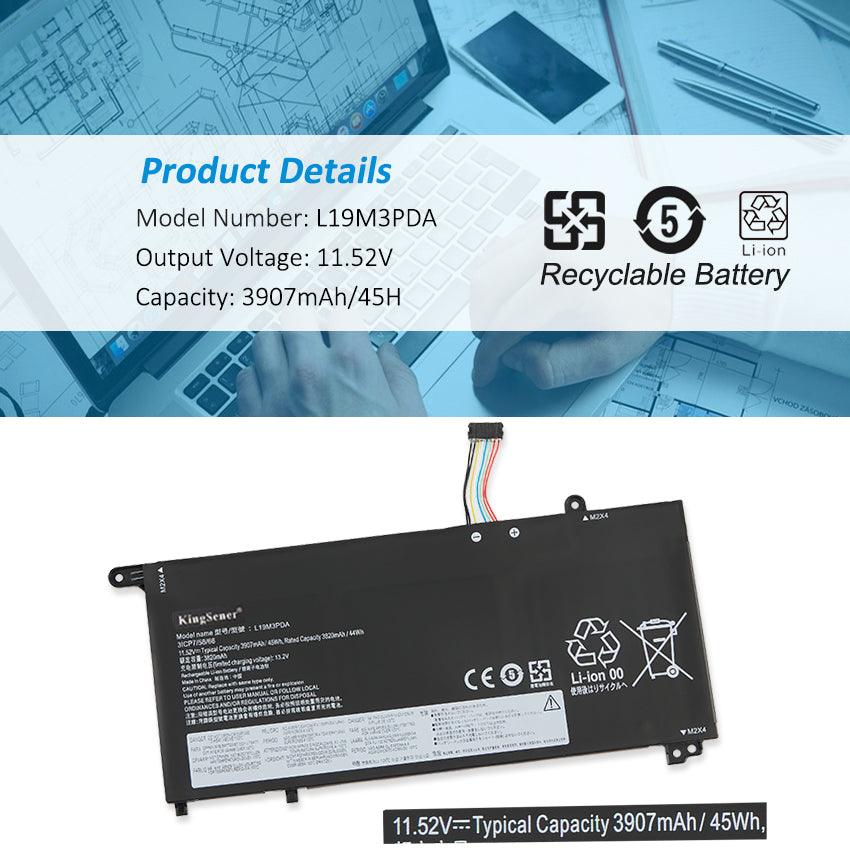 L19L3PDA Replacement Laptop Battery for Lenovo, 3907mAh, side profile highlighting the slim form factor.