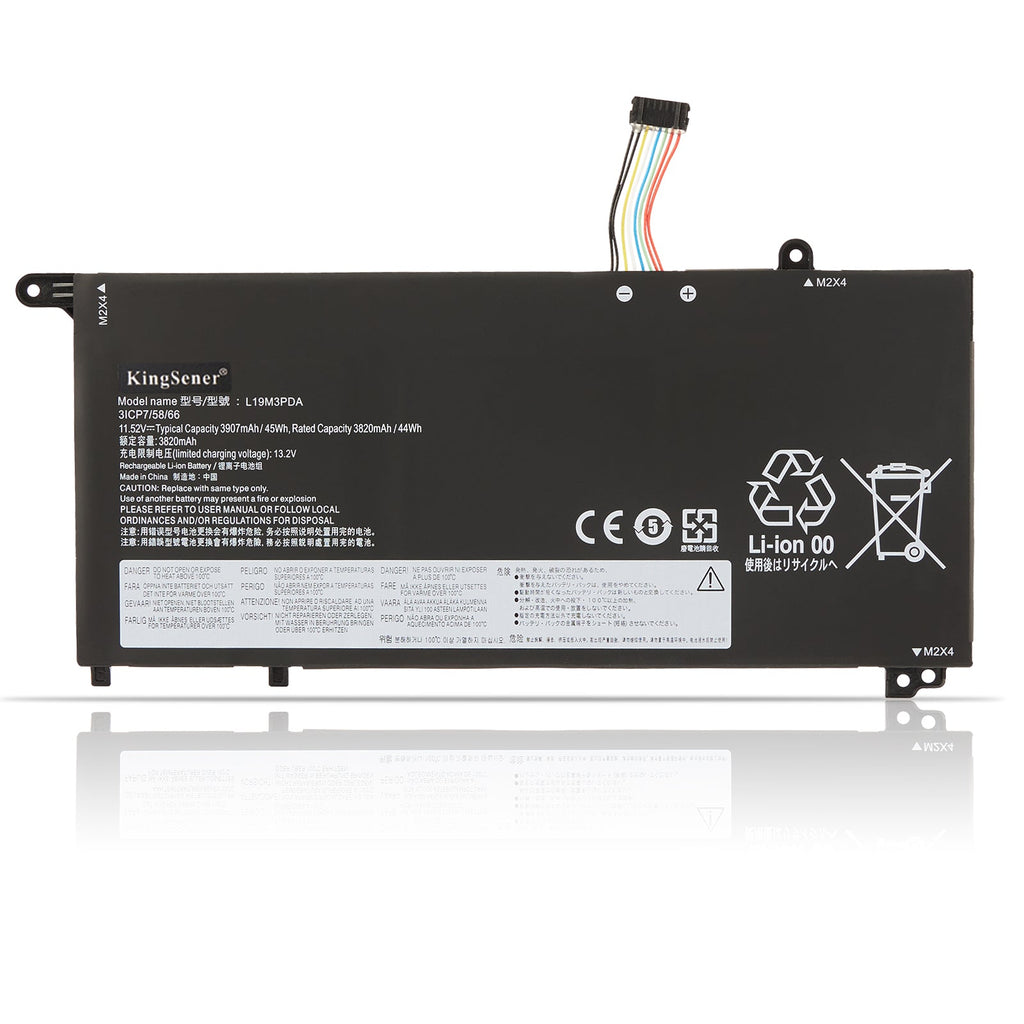 L19L3PDA Replacement Laptop Battery for Lenovo, 3907mAh, front view of slim black internal battery with connector wires.