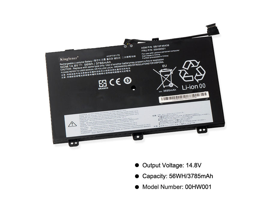 00HW001 rechargeable Li-polymer battery for Lenovo ThinkPad, 56Wh capacity, showing mounting points and multilingual safety labels.