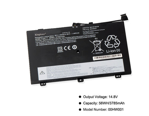 00HW001 rechargeable Li-polymer battery for Lenovo ThinkPad, 56Wh capacity, showing mounting points and multilingual safety labels.