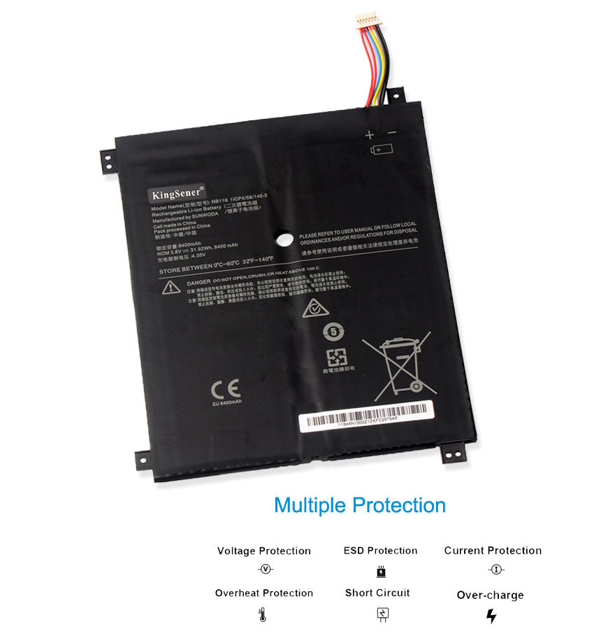 NB116 rechargeable battery for Lenovo 100S, 8400mAh high capacity, showing technical ratings and executive standard GB 31241-2014.